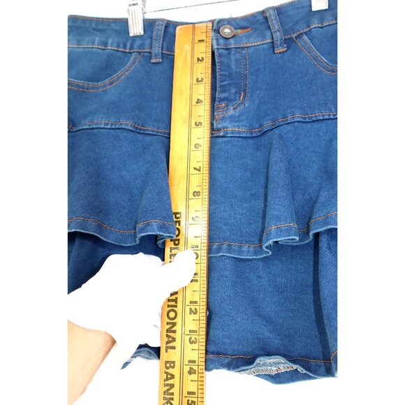 Denim Tiered Ruffle Mini Skirt Layered Blue Jean Y2K Elevated Indie - Picture 8 of 9